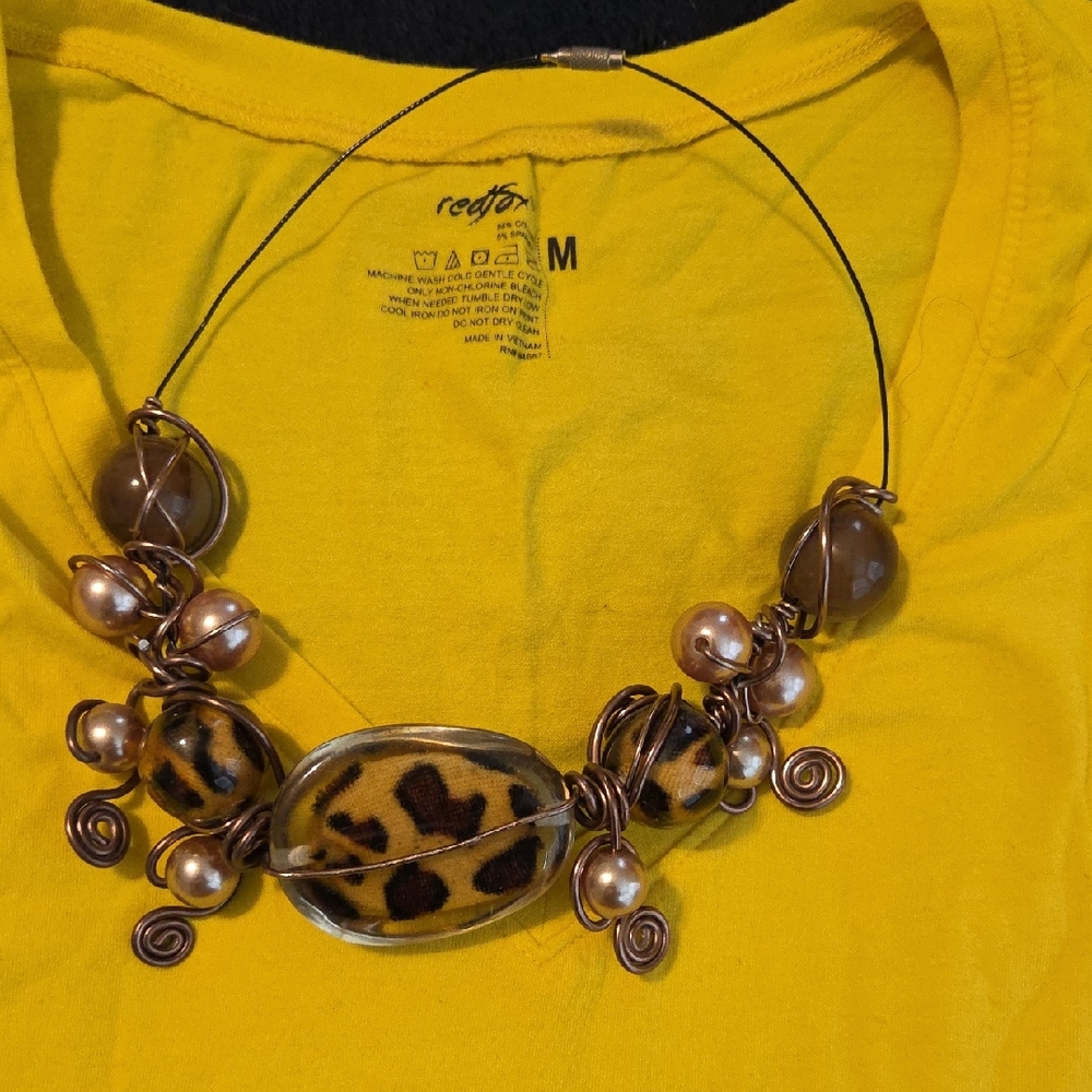 Leopard Print Statement Necklace with Brown and Gold Accents w/Earrings